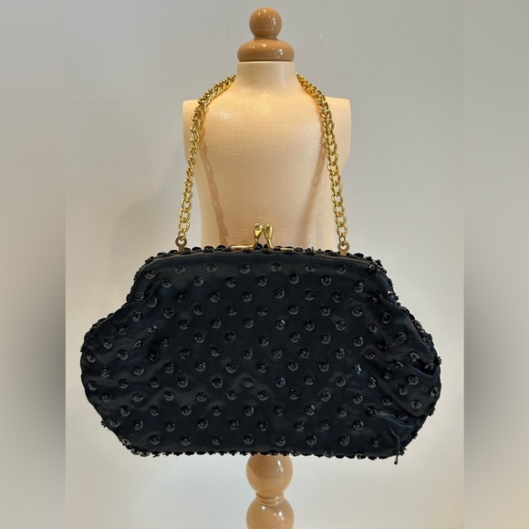 Vintage Black Beaded & Gold Wristlet‎ Chain or Wear as a Clutch Evening Bag - Picture 5 of 9
